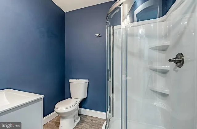a bathroom with a toilet and a shower