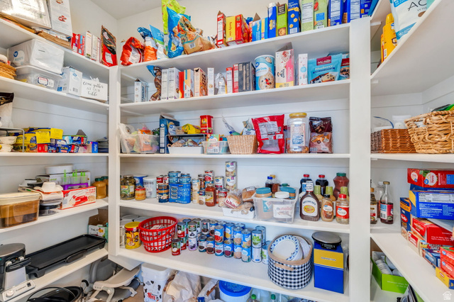 2664 West Maple Street Mapleton, UT 84664 - Photo 16 of 49 Walk-in pantry featuring extensive built-in shelving, white finishes, and ample storage capacity