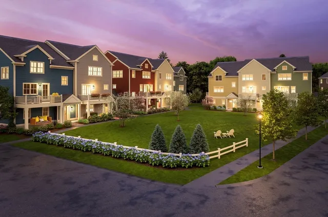 a view of a big house with a big yard and potted plants