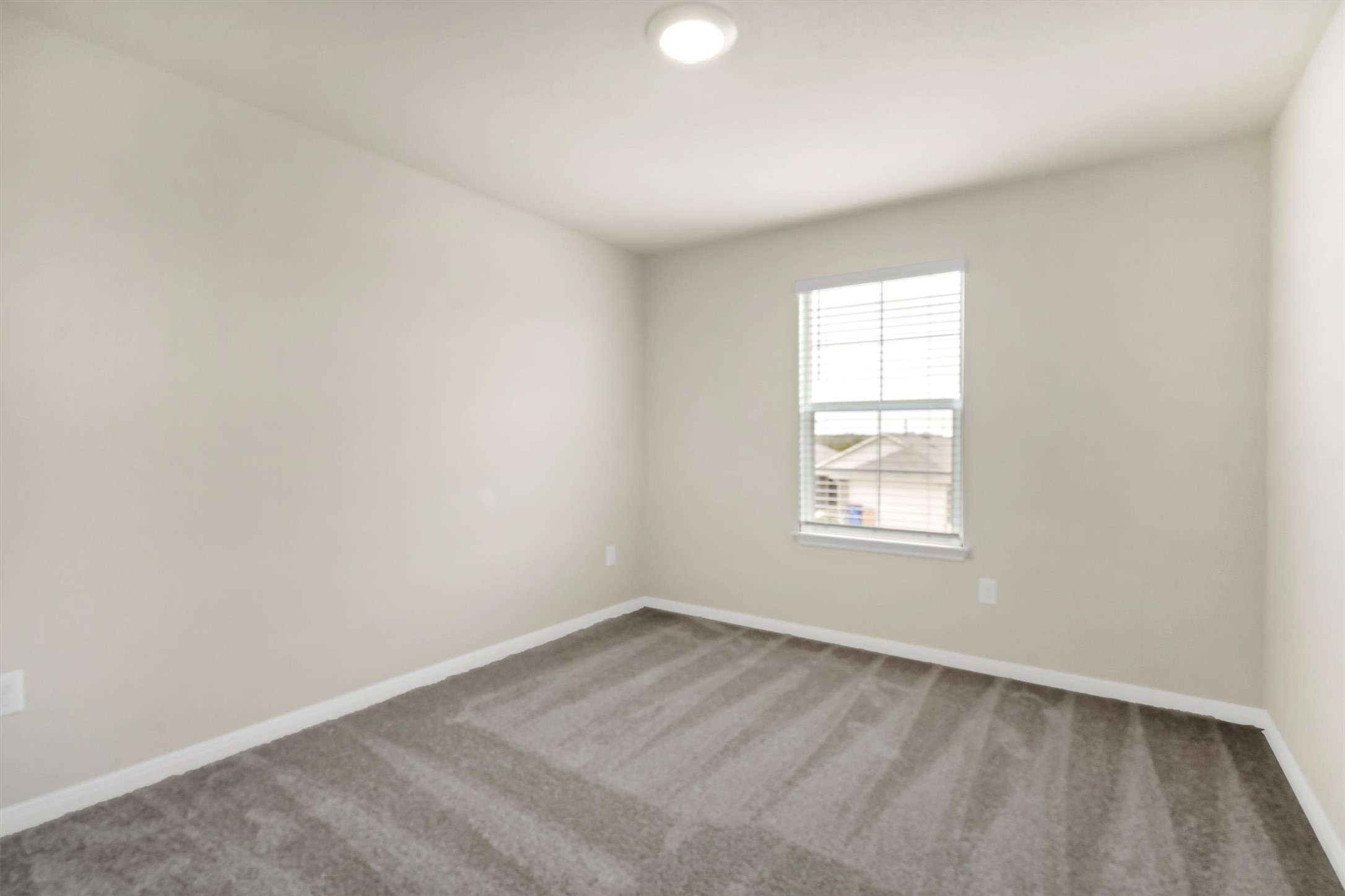 2909 Tweedy Trail Pflugerville, TX 78660 - Photo 10 of 27 A well-lit bedroom features plush carpeting and a window with blinds, creating a calm and inviting atmosphere.