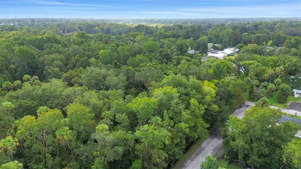 an aerial view of a city with lush green forest