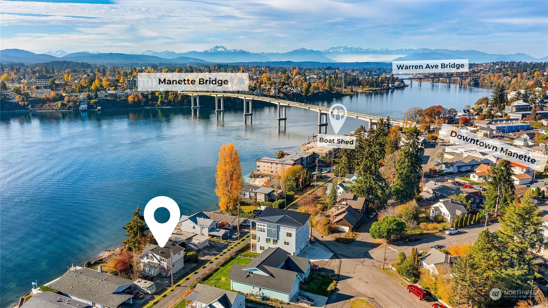 a view of a lake with boats and trees in the background