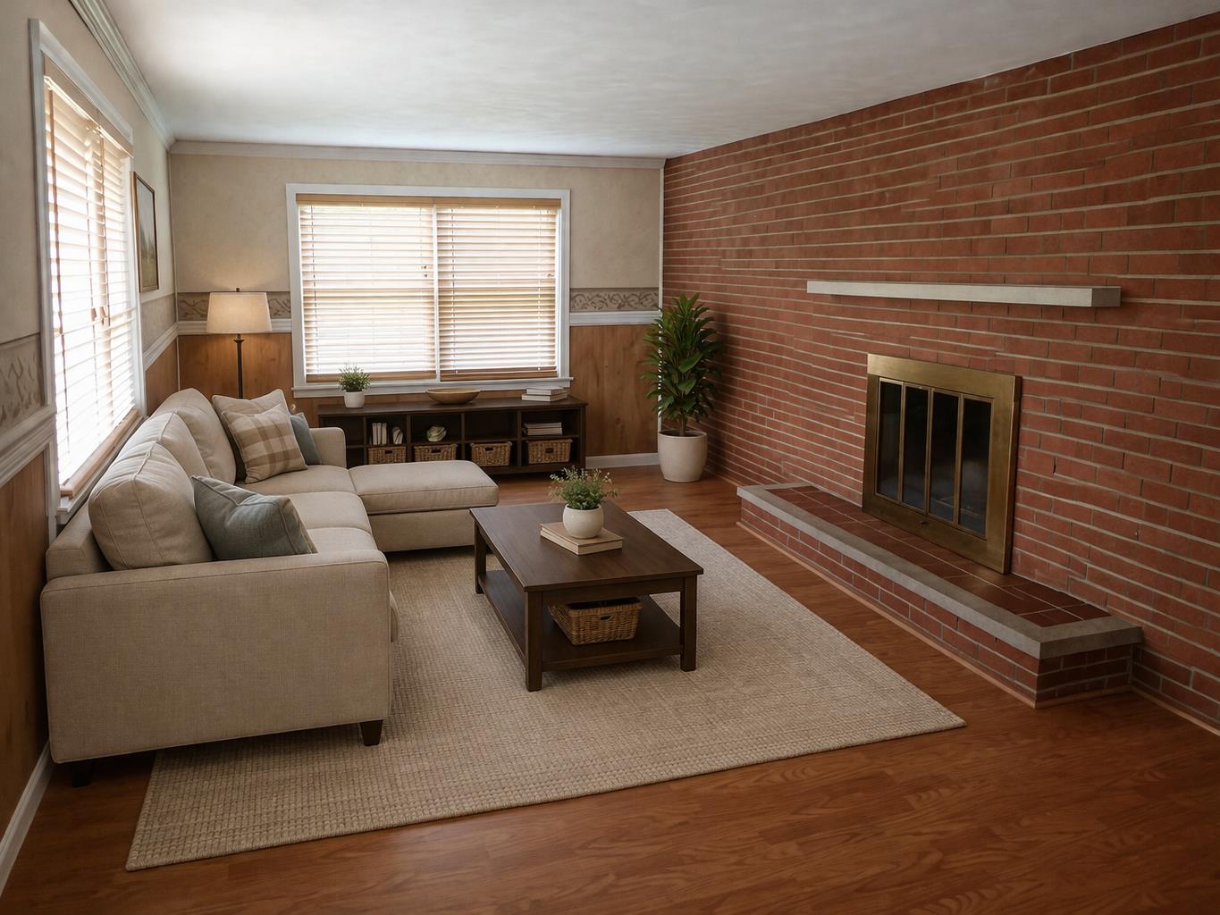 315 Nieman Street Sunman, IN 47041 - Photo 6 of 30 Warm and inviting living room featuring a striking brick fireplace, rich wood flooring, and abundant natural light. The spacious layout offers plenty of room for comfortable seating and entertaining, with charming character details throughout. Note: This image has been virtually staged to illustrate potential furniture placement and design possibilities.