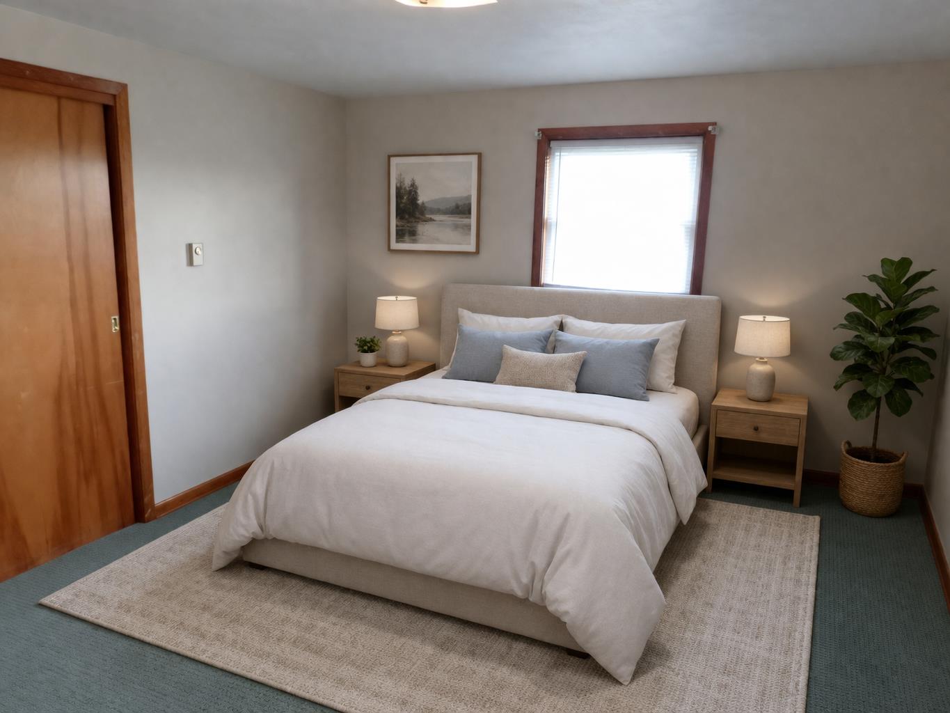 315 Nieman Street Sunman, IN 47041 - Photo 30 of 30 Charming bedroom featuring a neutral color palette, cozy layout, and abundant natural light. The space offers a functional floor plan with room for comfortable furnishings and everyday living. Conveniently located closet and clean finishes make this room both practical and inviting. Note: This image has been virtually staged to illustrate potential furniture placement and design possibilities.