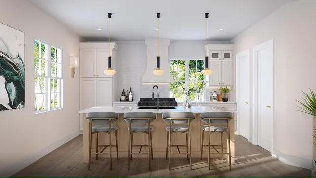 a kitchen with kitchen island granite countertop a table and chairs in it