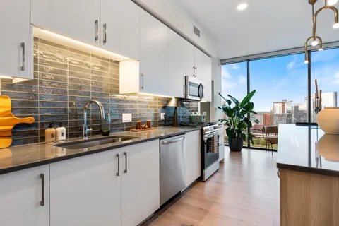 a kitchen with stainless steel appliances a sink a counter top space cabinets and a potted plant