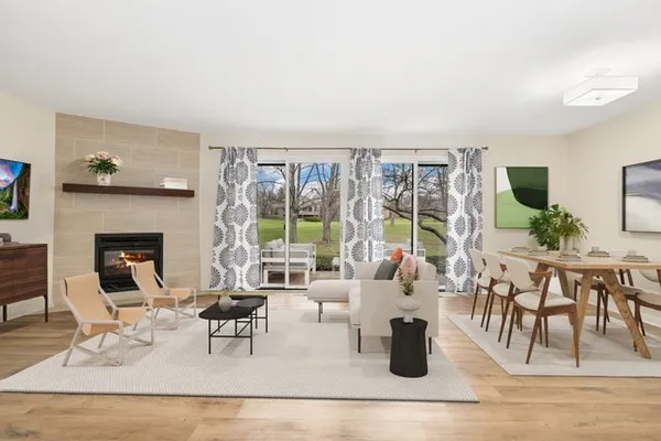 a view of a room that has a large window