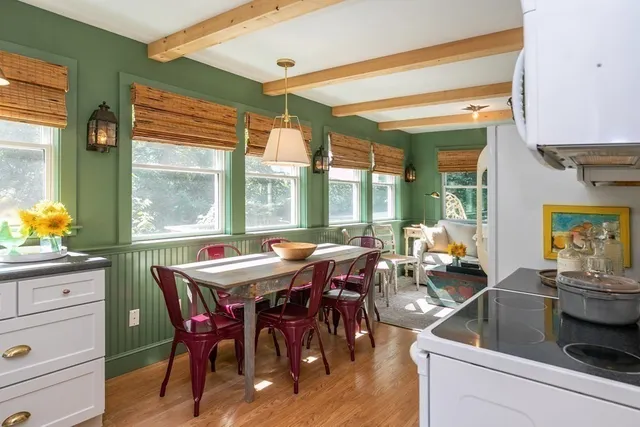 a view of a dining room with furniture window and outside view
