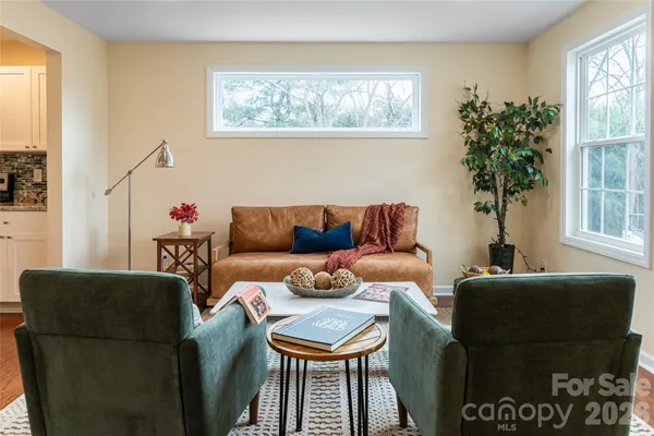 a living room with furniture a window and a potted plant