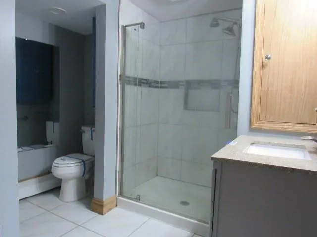 a bathroom with a shower and a toilet