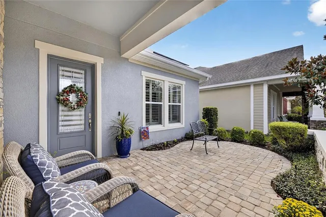 a building outdoor space with patio furniture