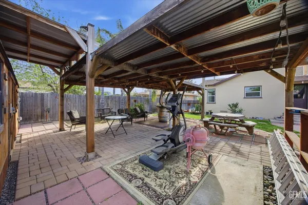 a view of a garage with wooden floor