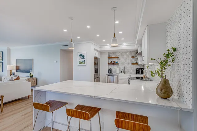 a living room with furniture and a potted plant