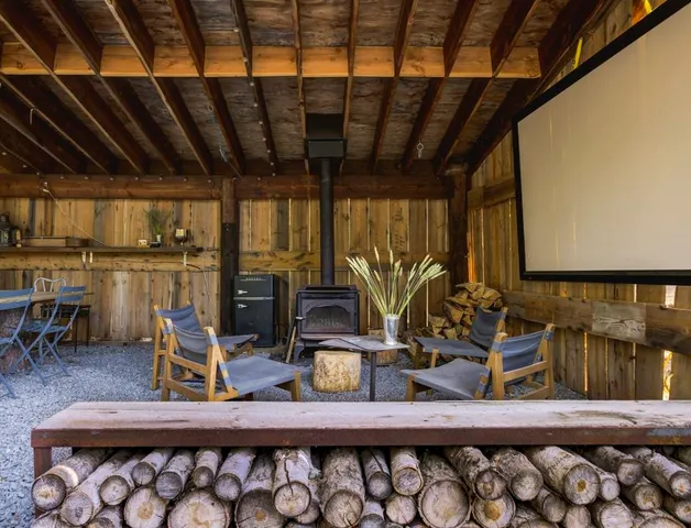 a view of a park with large trees