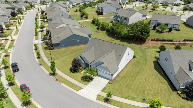 an aerial view of a swimming pool