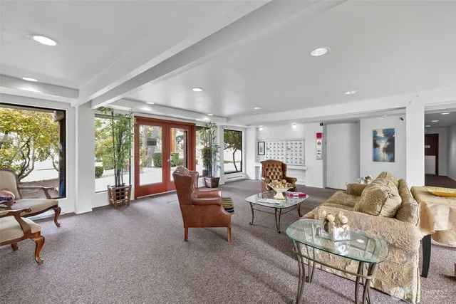 a view of a garden with plants and trees