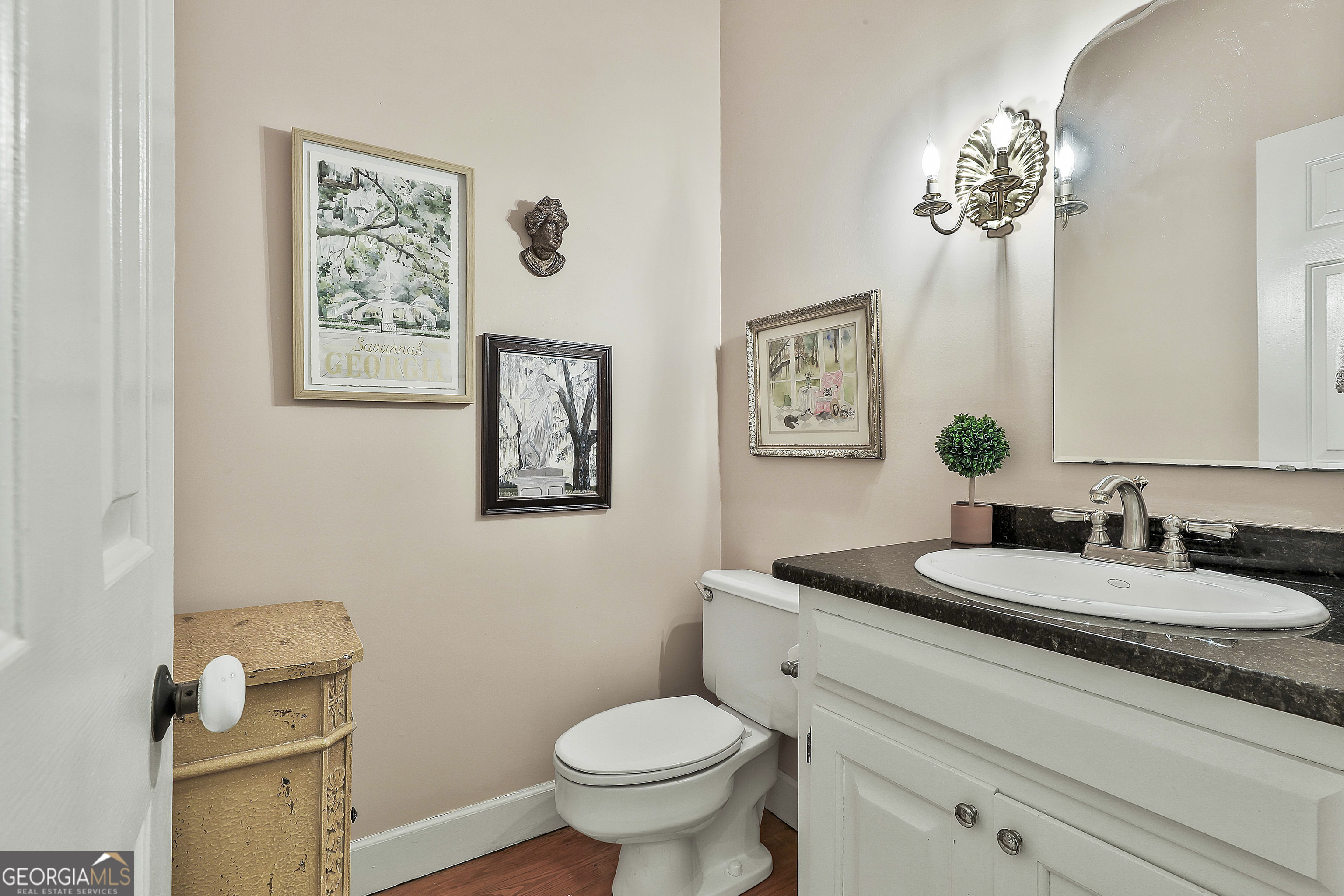405 North Pine Hill Road Griffin, GA 30223 - Photo 29 of 72 a bathroom with a granite countertop toilet a sink and a mirror