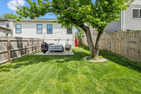 a view of a house with backyard and a tree