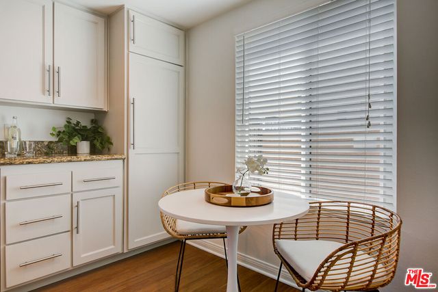 a view of a dining room with furniture