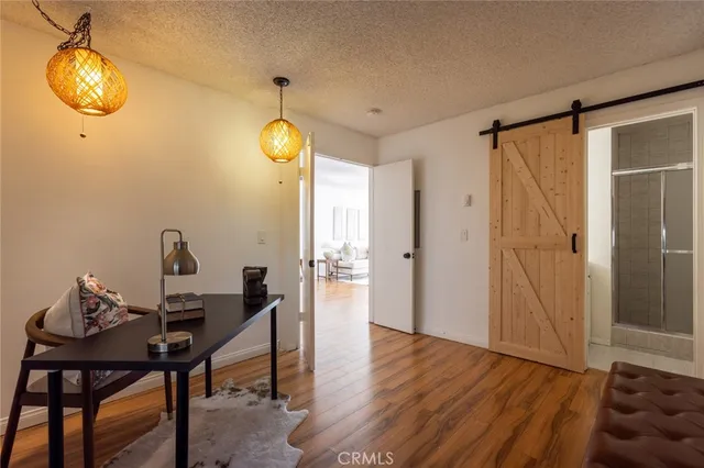 a workspace with wooden floor