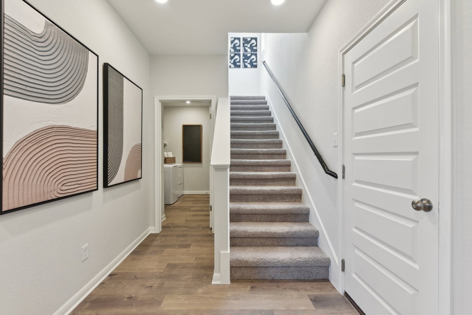 256 Firefox Way Jarrell, TX 76537 - Photo 8 of 17 A welcoming entry hall with durable flooring leads to a carpeted staircase and discreet laundry area.