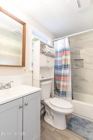 a bathroom with a sink a toilet and shower