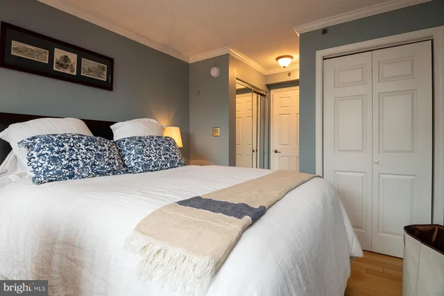 a bedroom with a large bed and a chandelier