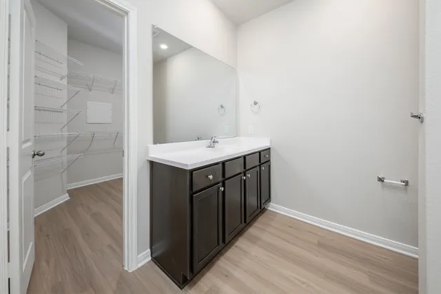 a bathroom with a sink a mirror and a shower