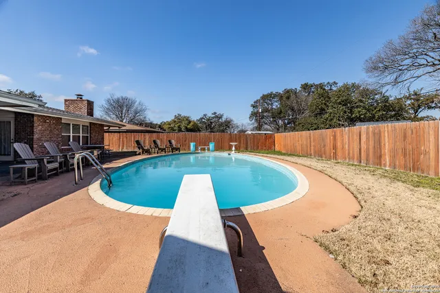 a view of a swimming pool with a yard