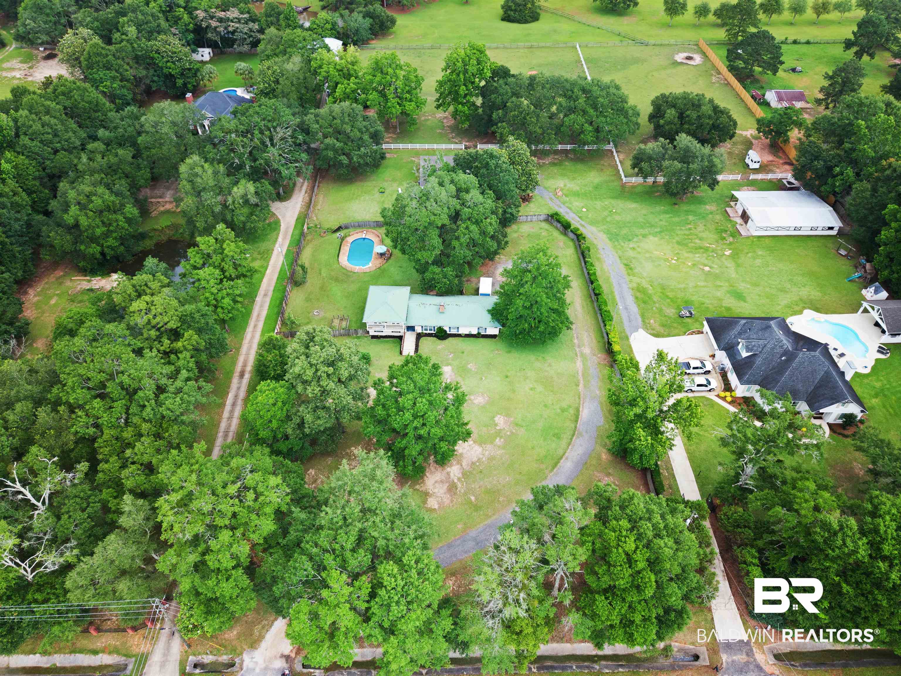 10420 Johnson Road South Mobile, AL 36695 - Photo 74 of 75 Aerial perspective showcasing a verdant property with mature trees, expansive green space, and a private driveway
