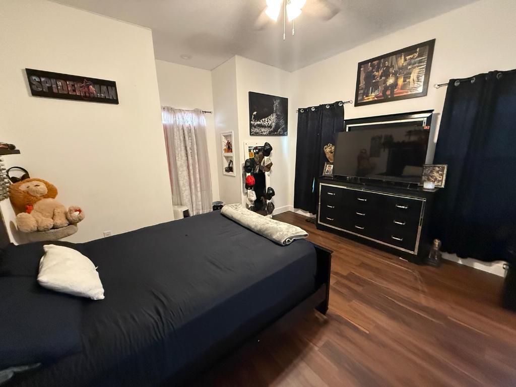 497 Brown Road McDade, TX 78650 - Photo 11 of 22 Bedroom featuring dark wood-style flooring and a ceiling fan