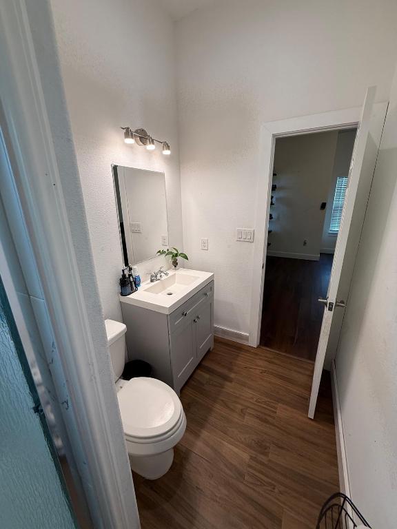 497 Brown Road McDade, TX 78650 - Photo 10 of 22 Bathroom featuring wood finished floors, vanity, toilet, and baseboards