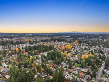 an aerial view of residential houses with city and green space