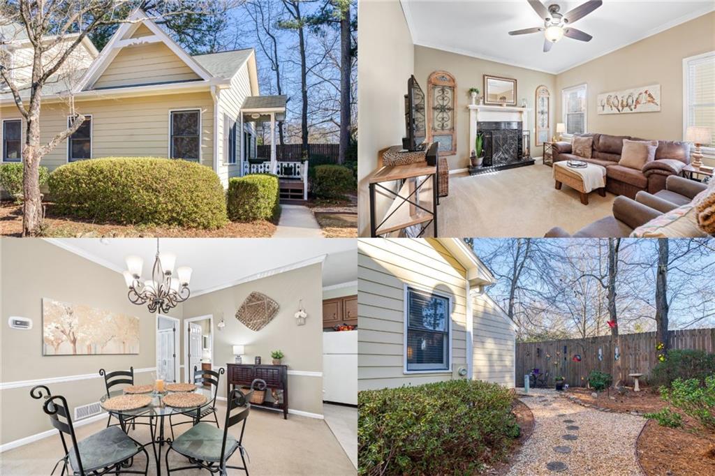 a view of a house with a dining table and chairs