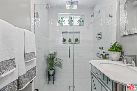 a bathroom with a granite countertop sink a potted plant and a shower