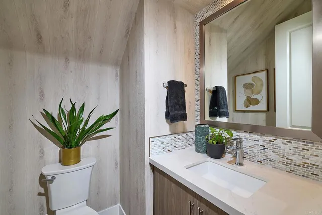 a bathroom with a sink a mirror and a potted plant