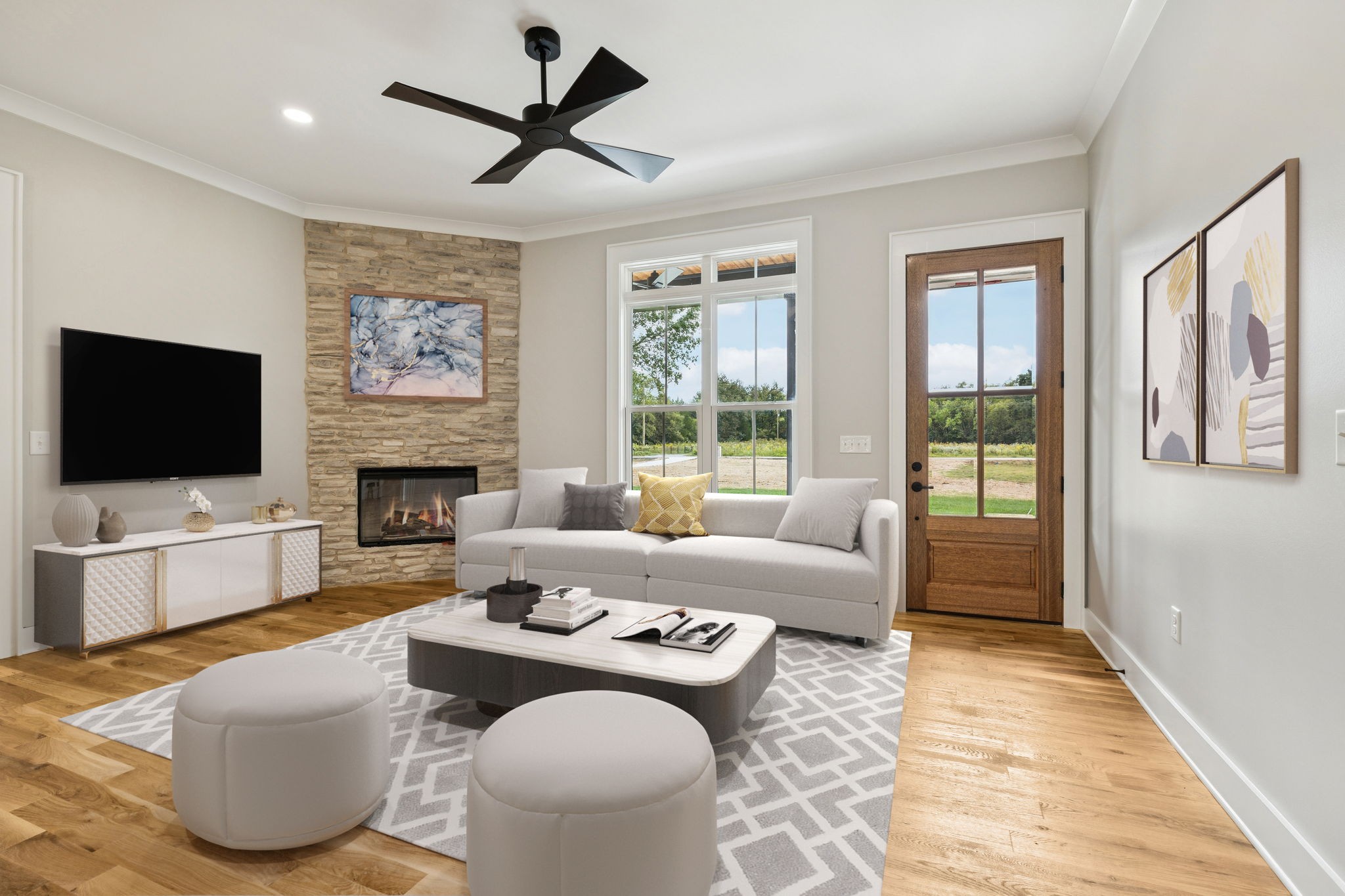8297 12 Corners Road Lascassas, TN 37085 - Photo 6 of 63 a living room with furniture a flat screen tv and a fireplace