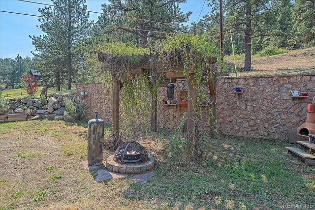 a view of a backyard with plants and a fountain