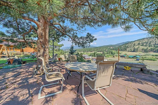 a view of a patio with table and chairs and potted plants