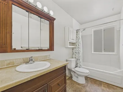 a bathroom with a sink toilet and shower