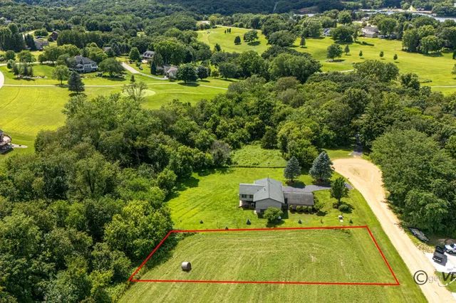 a view of a swimming pool with a yard and plants