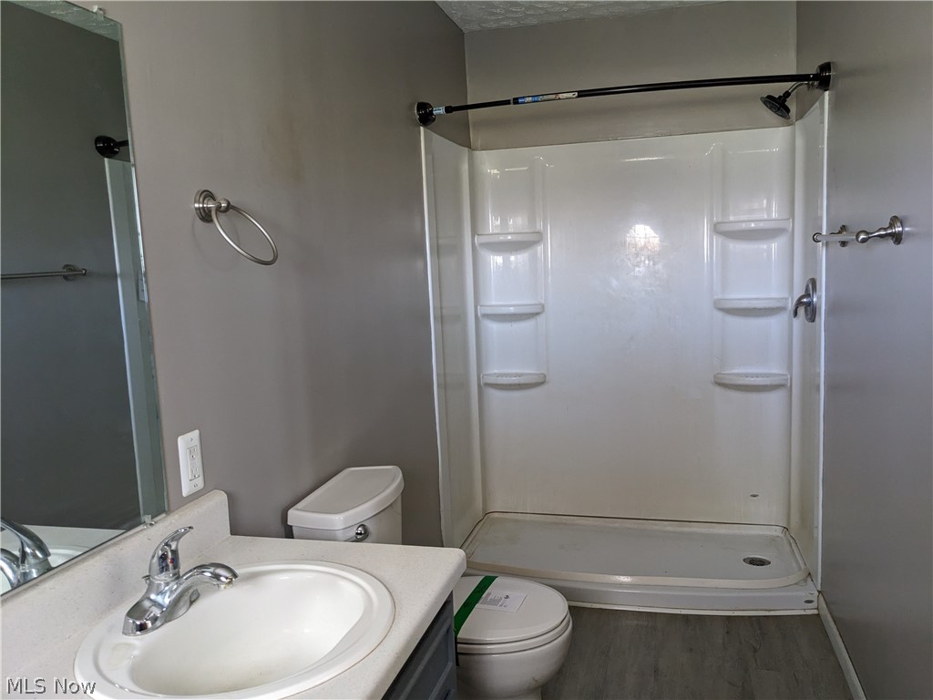 13096 Smith Road Wellington, OH 44090 - Photo 15 of 24 Bathroom featuring a white shower stall with built-in shelving, a white toilet, and a vanity with an integrated sink and chrome faucet