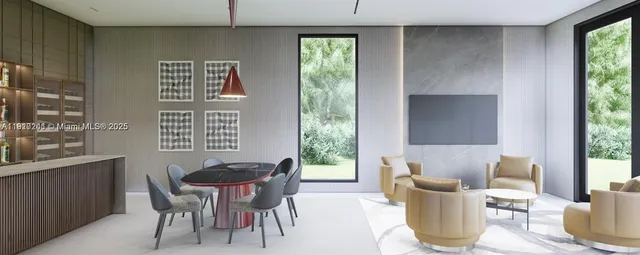 a view of a dining room with furniture window and outside view