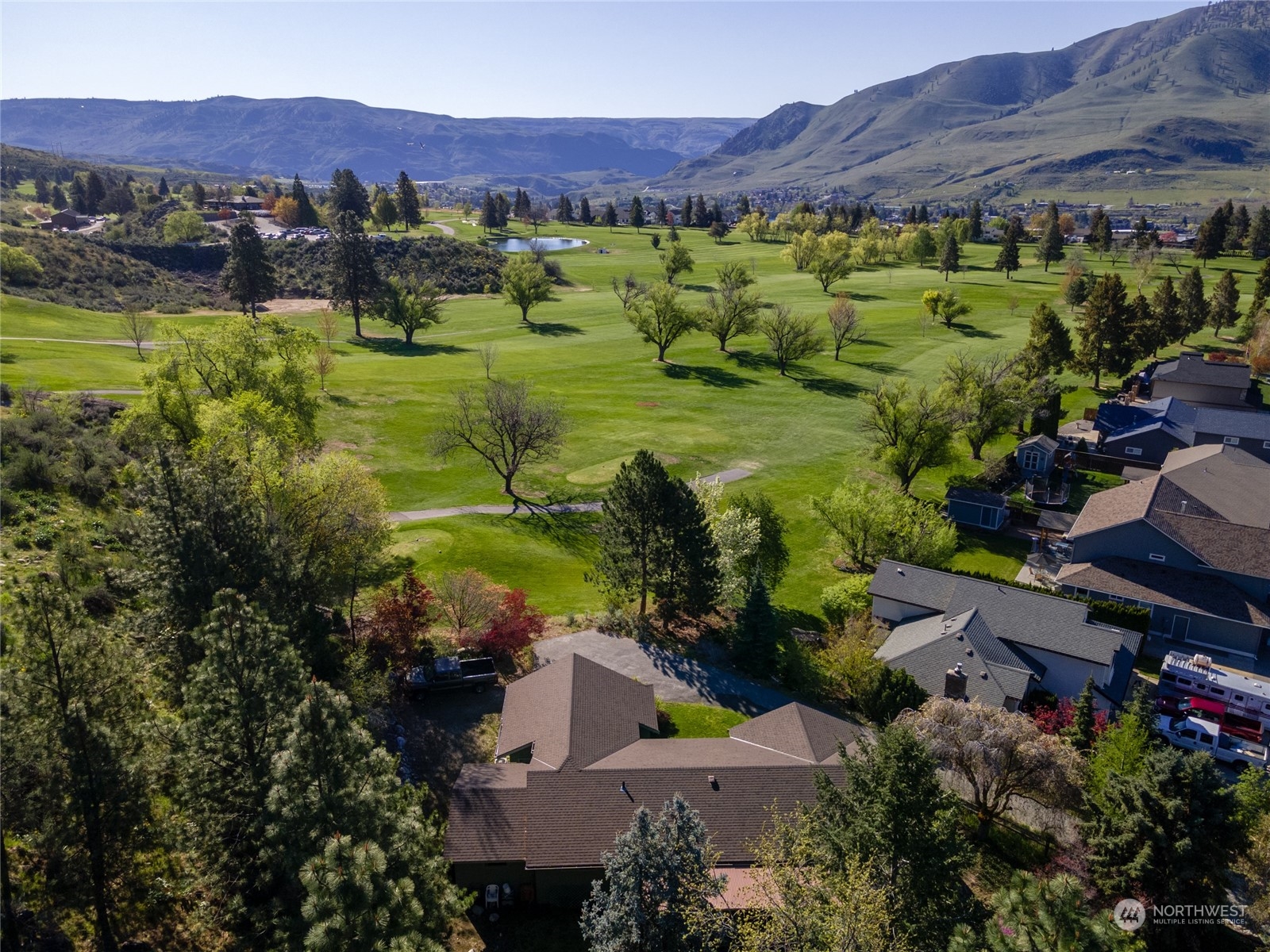 an aerial view of green landscape with trees houses and mountain view
