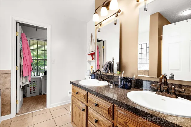 a bathroom with a double vanity sink a mirror and a shower