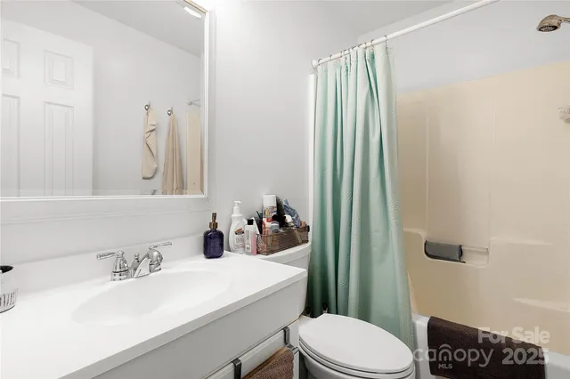 a bathroom with a sink a toilet and shower curtain