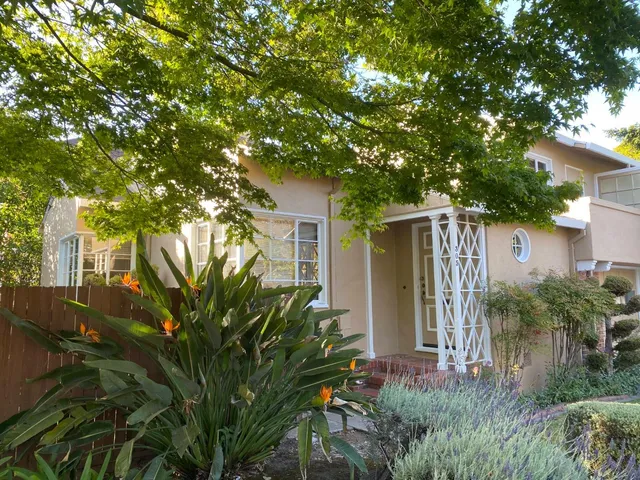 a couple of palm trees in front of house