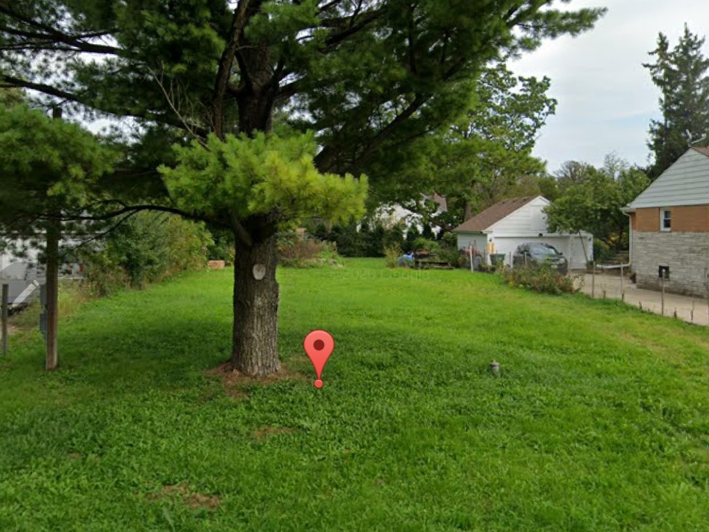 a view of a small yard with a tree