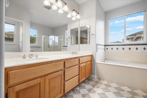 a bathroom with a double vanity sink a mirror and a bathtub