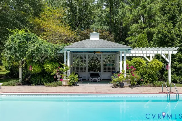 a view of a garden with plants and large trees
